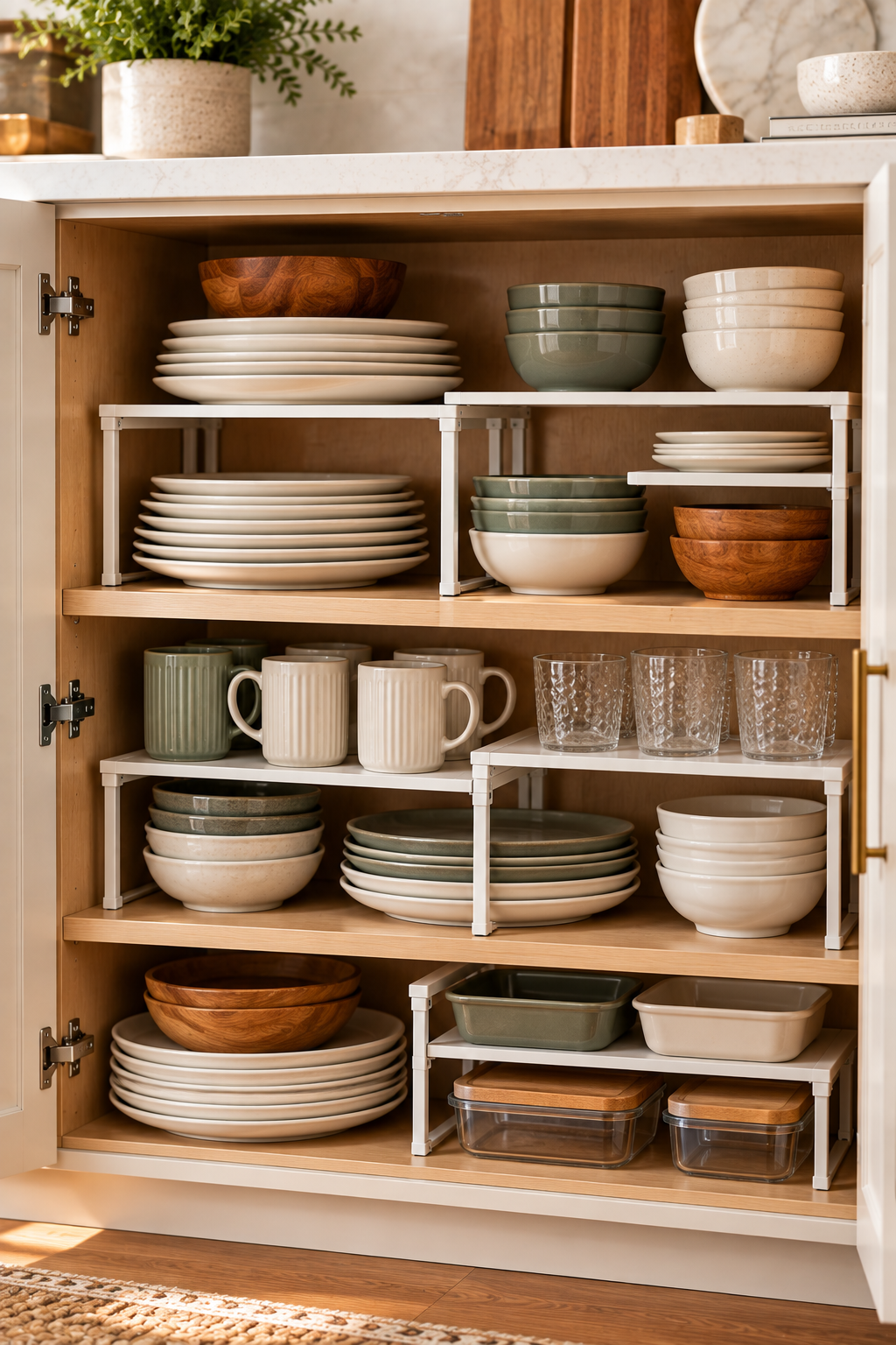 Adjustable shelf risers for organized kitchen cabinets