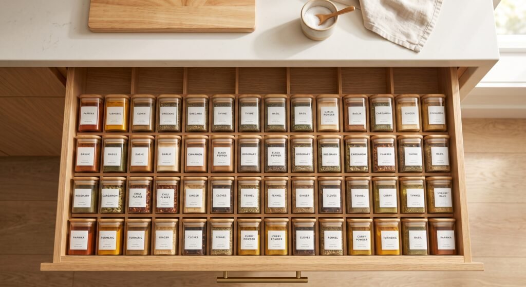 aesthetic spice drawer organization ideas with matching glass jars