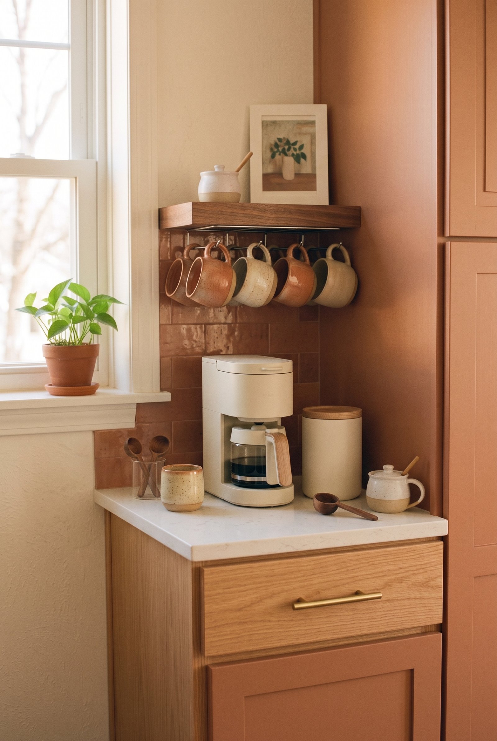 Airtight coffee canister styled in a small apartment coffee station