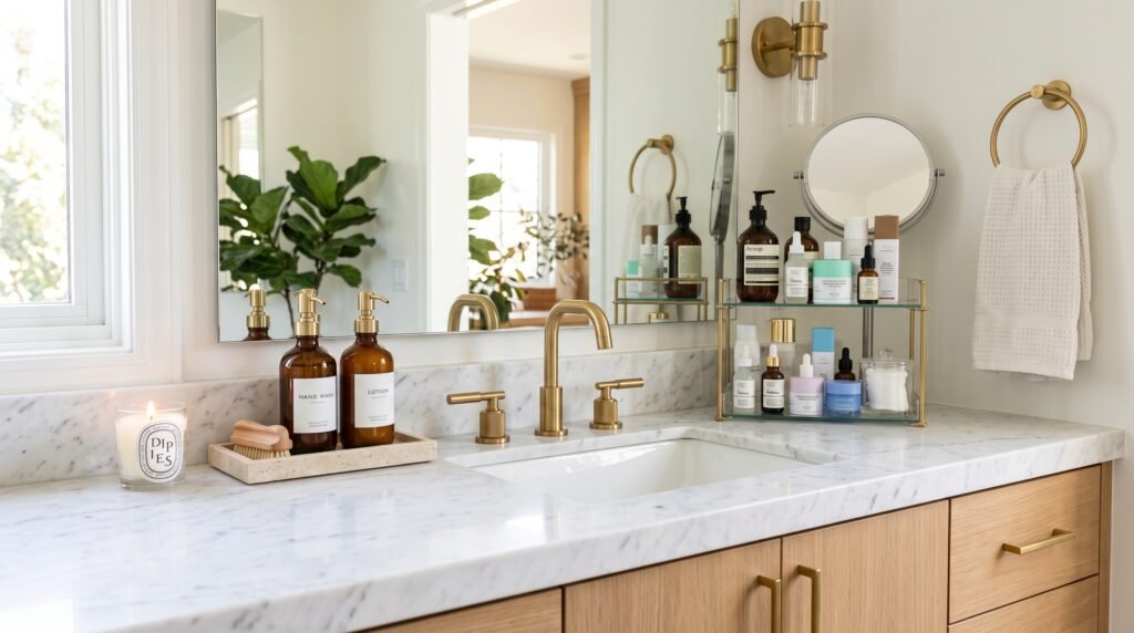amazon bathroom counter organizers you need on a clean marble vanity