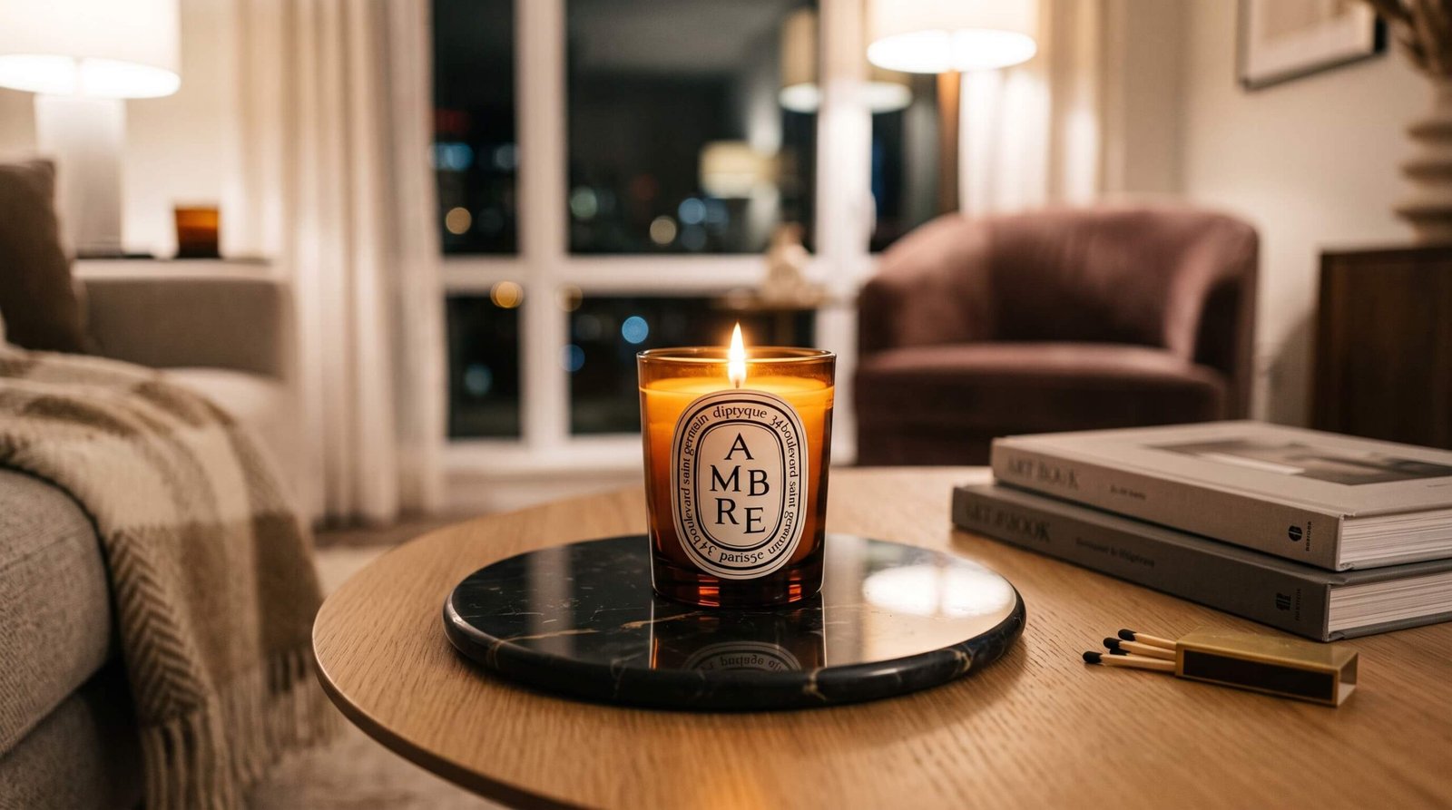 amber glass scented candle creating cozy coffee table ambience