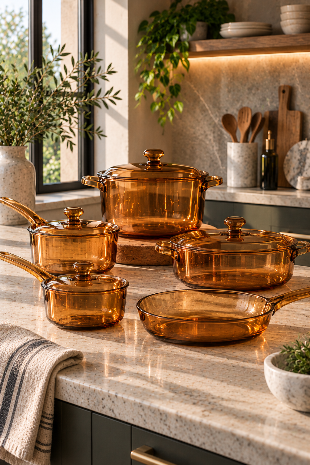 Amber glass cookware in a warm stylish kitchen
