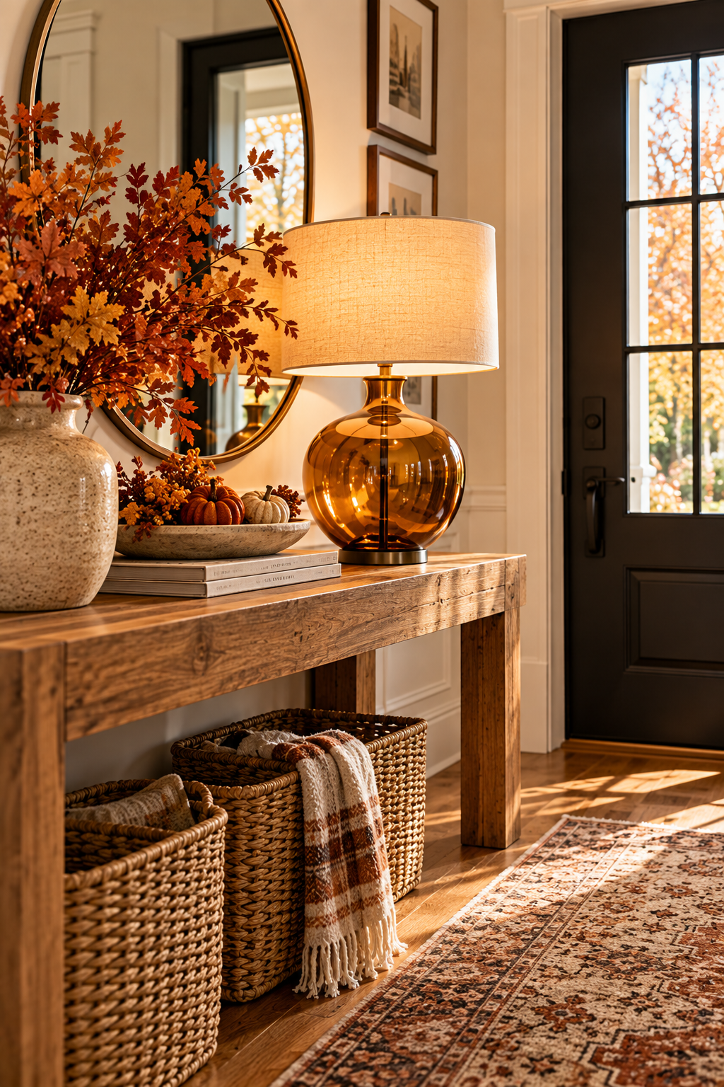 Amber glass table lamp for warm fall entryway ideas