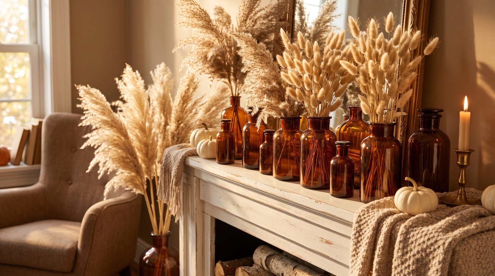 fall mantel decorating ideas using warm neutrals amber glass bunny tails