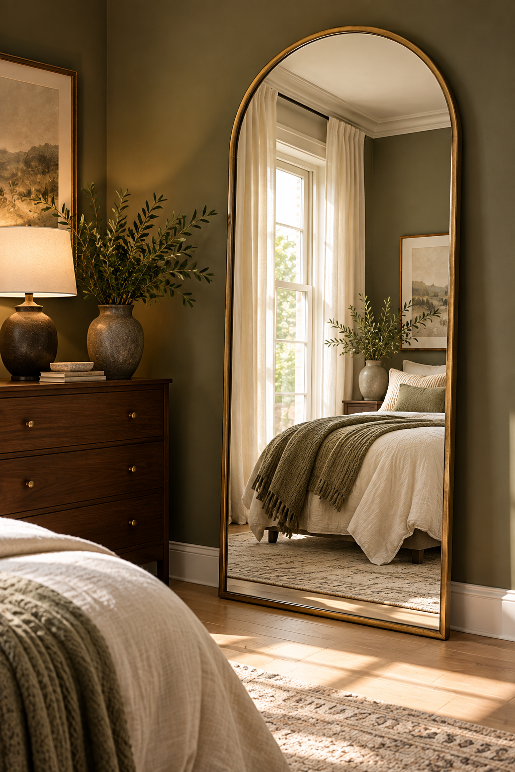 Antique brass arched floor mirror in a small bedroom