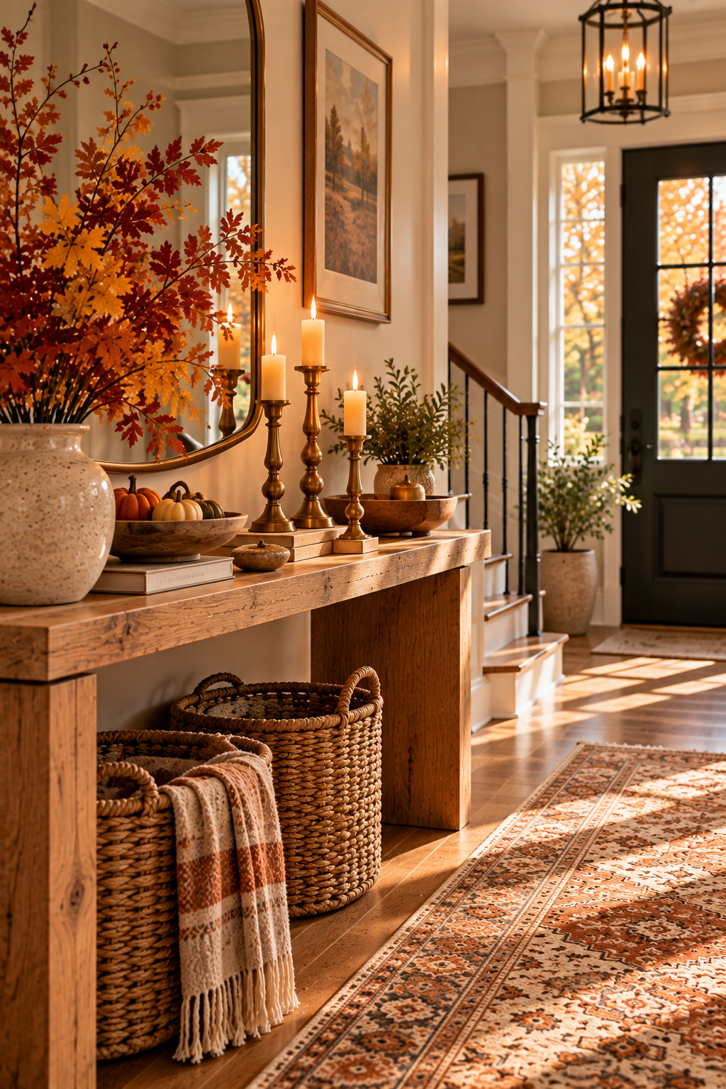 Antique brass candle holders for elegant fall entryway ideas