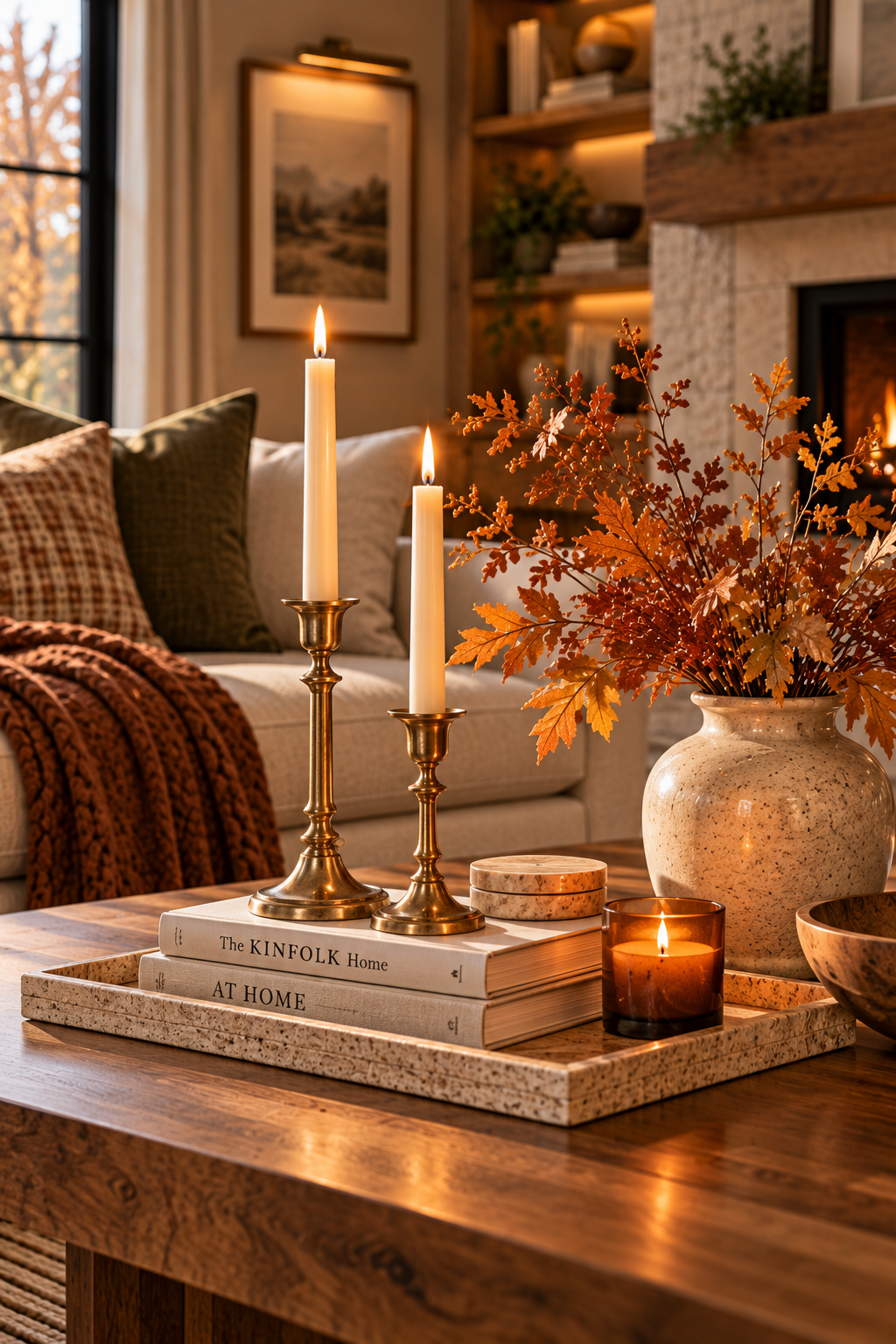 Antique brass candle holders styled in a warm minimalist fall living room