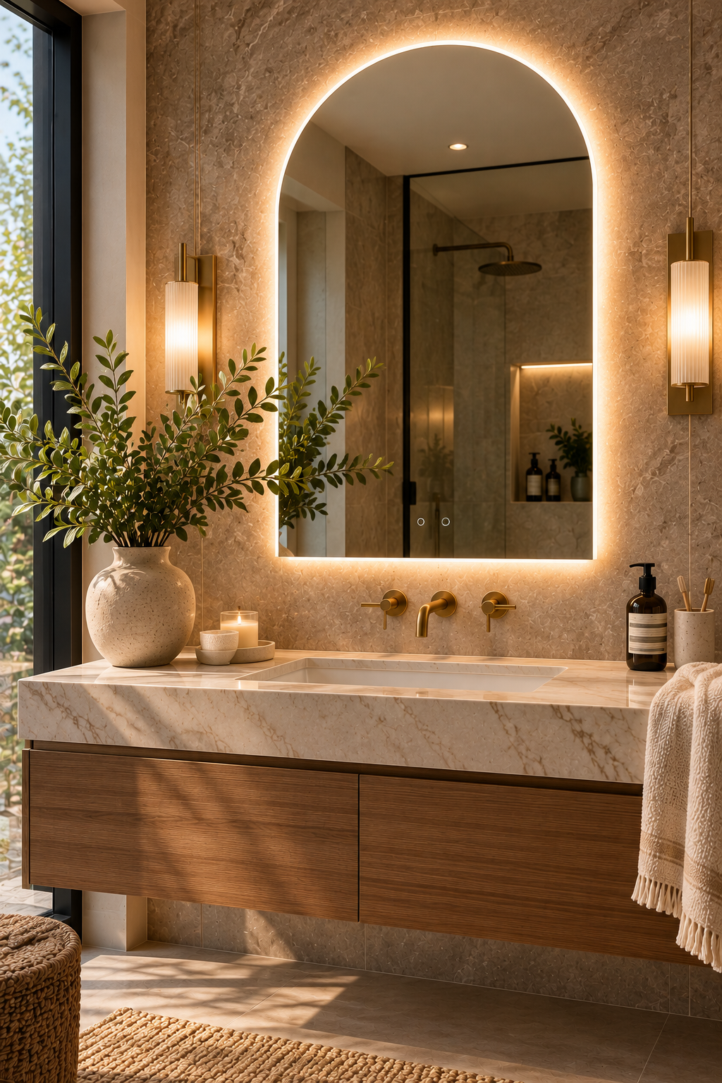 Arched frameless LED mirror in a stylish modern bathroom