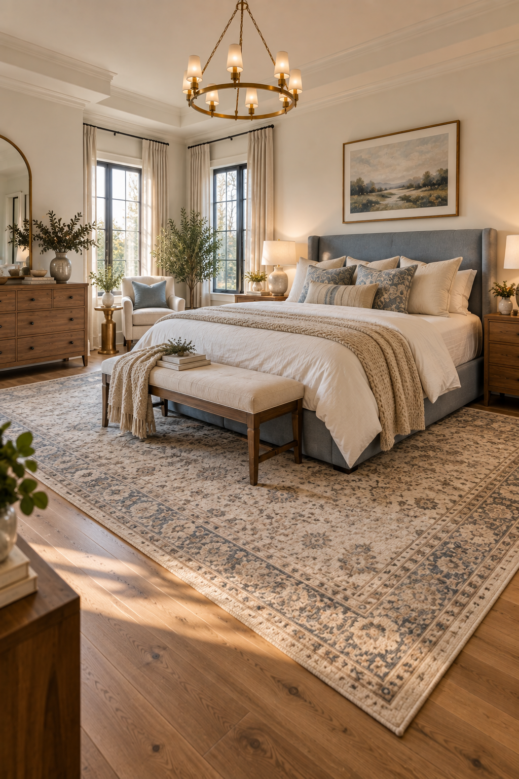 Large neutral area rug adding warmth to a cozy bedroom