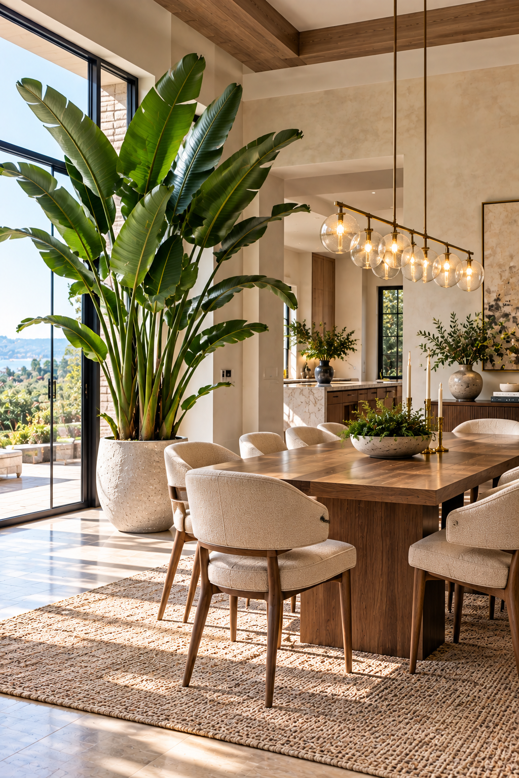 Artificial bird of paradise tree styled in a spacious modern dining room