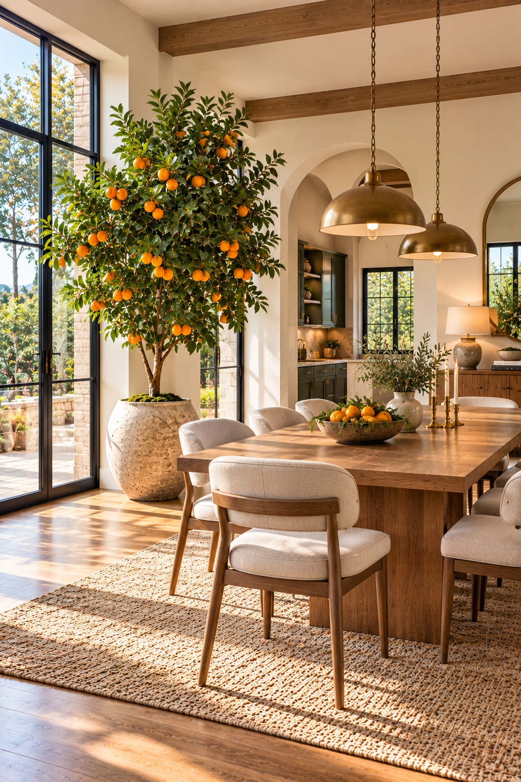 Artificial citrus tree with orange fruit styled in a bright dining room