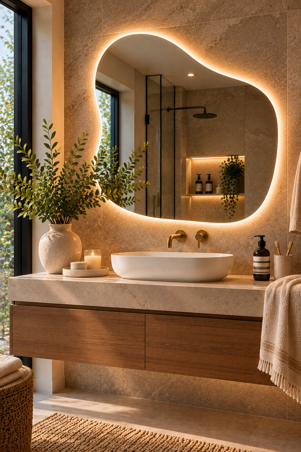 Asymmetrical frameless LED mirror in a modern bathroom