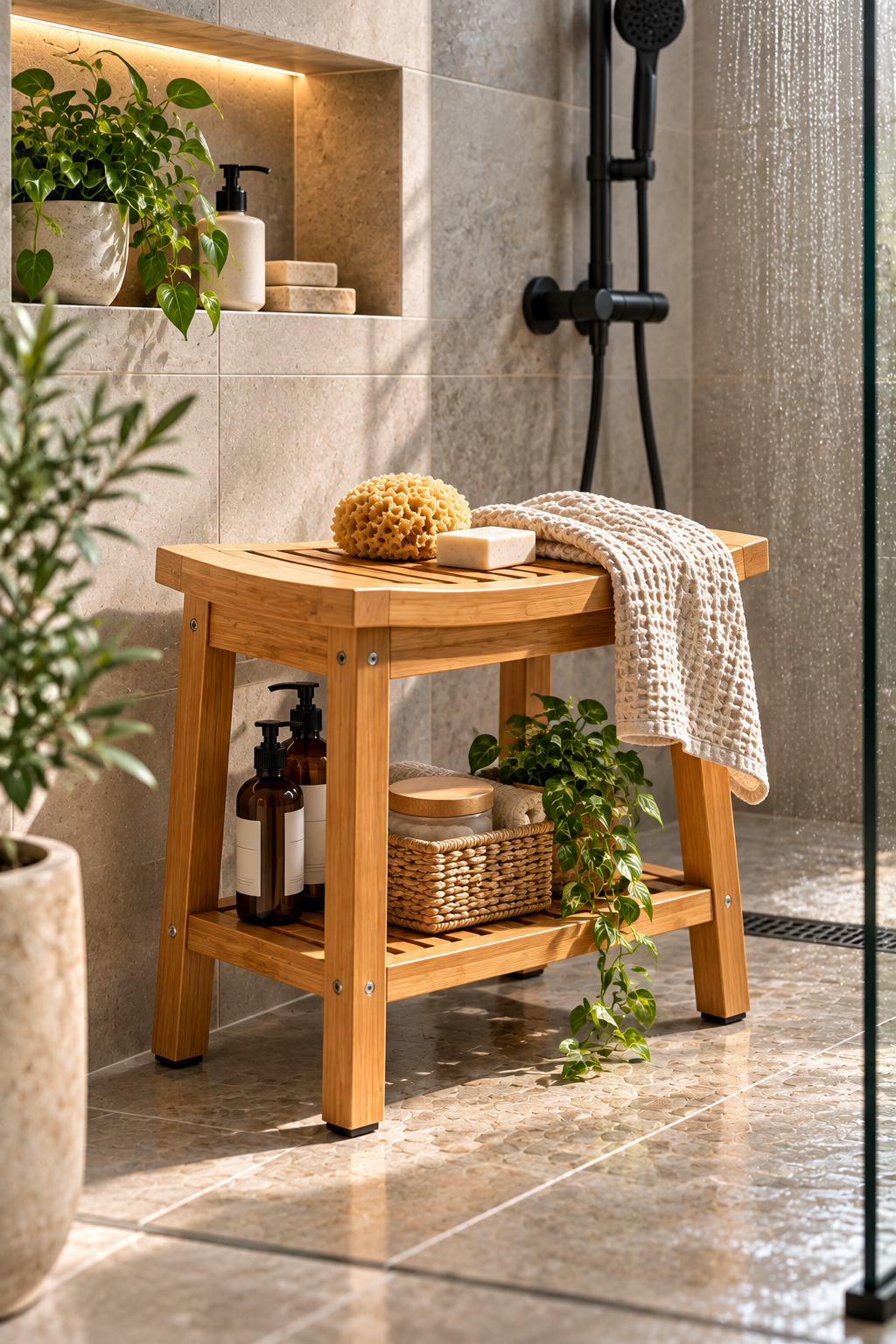 Bamboo shower stool with storage shelf in a modern bathroom
