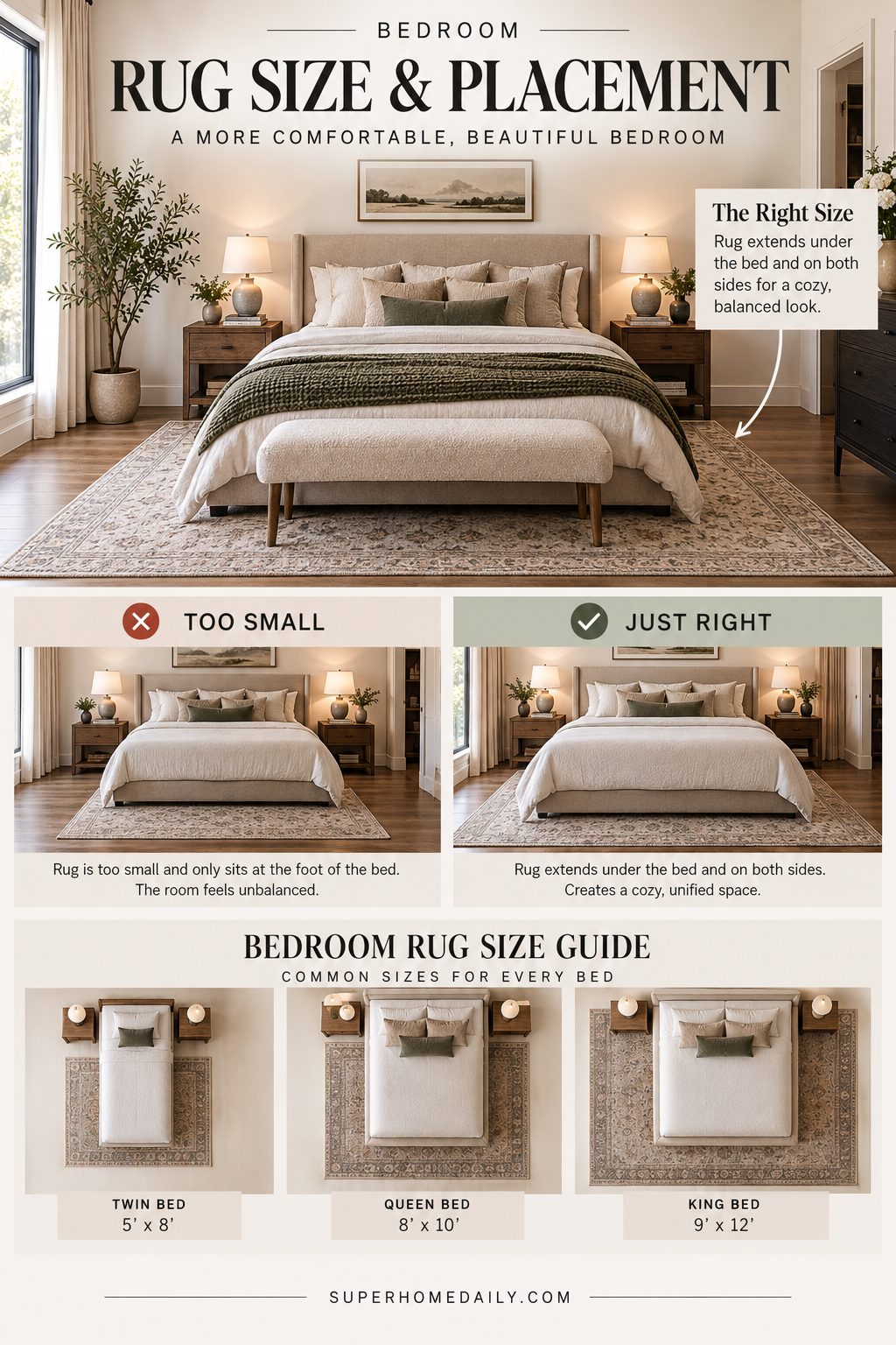 Bedroom rug size and placement guide showing a large area rug extending beyond the bed