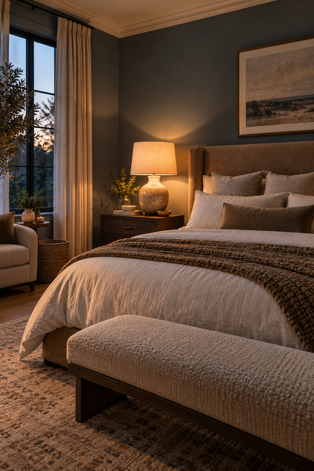 Warm bedside lamp adding soft lighting to a cozy contemporary bedroom