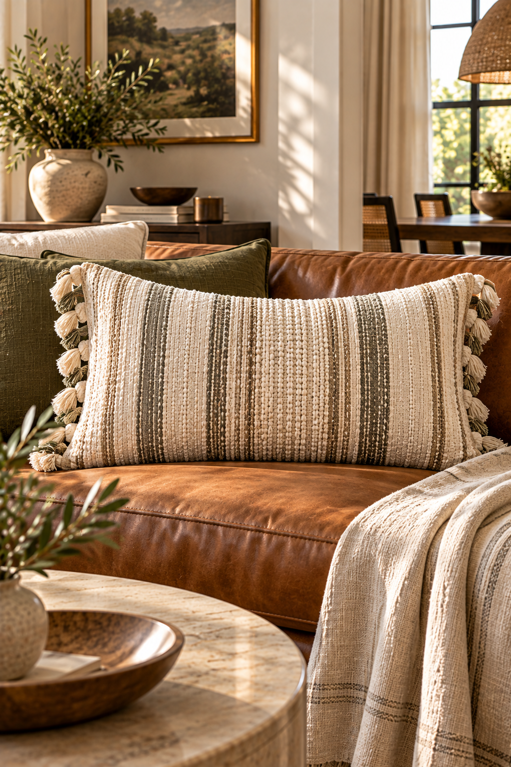 Beige striped linen pillow cover styled on a textured sofa