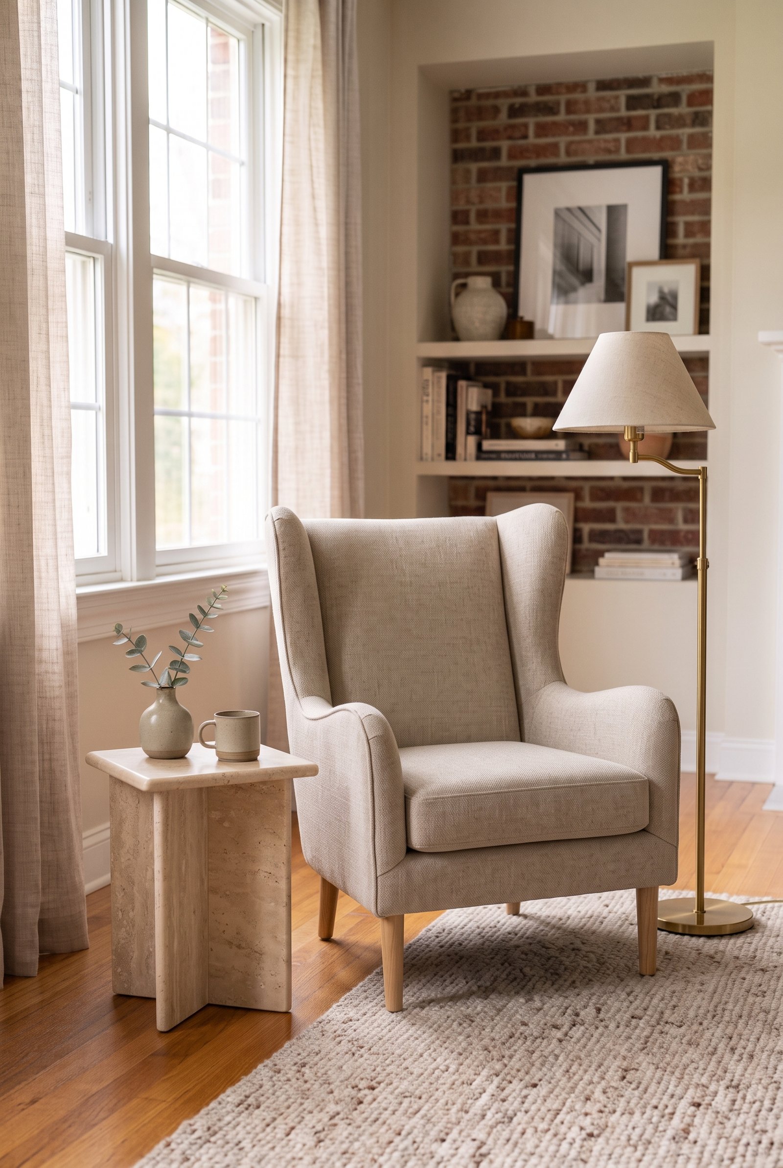 Beige wingback accent chair with wood legs in a cozy modern living room