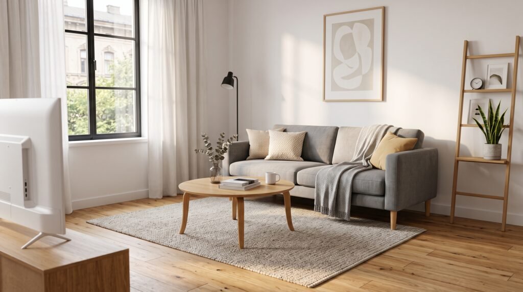small living room rug placement rules showing front legs on rug in compact living room