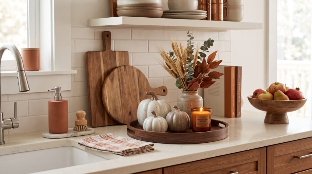 10 best warm and cozy fall kitchen countertop styling ideas featuring ceramic pumpkins, amber candle, and wooden cutting boards
