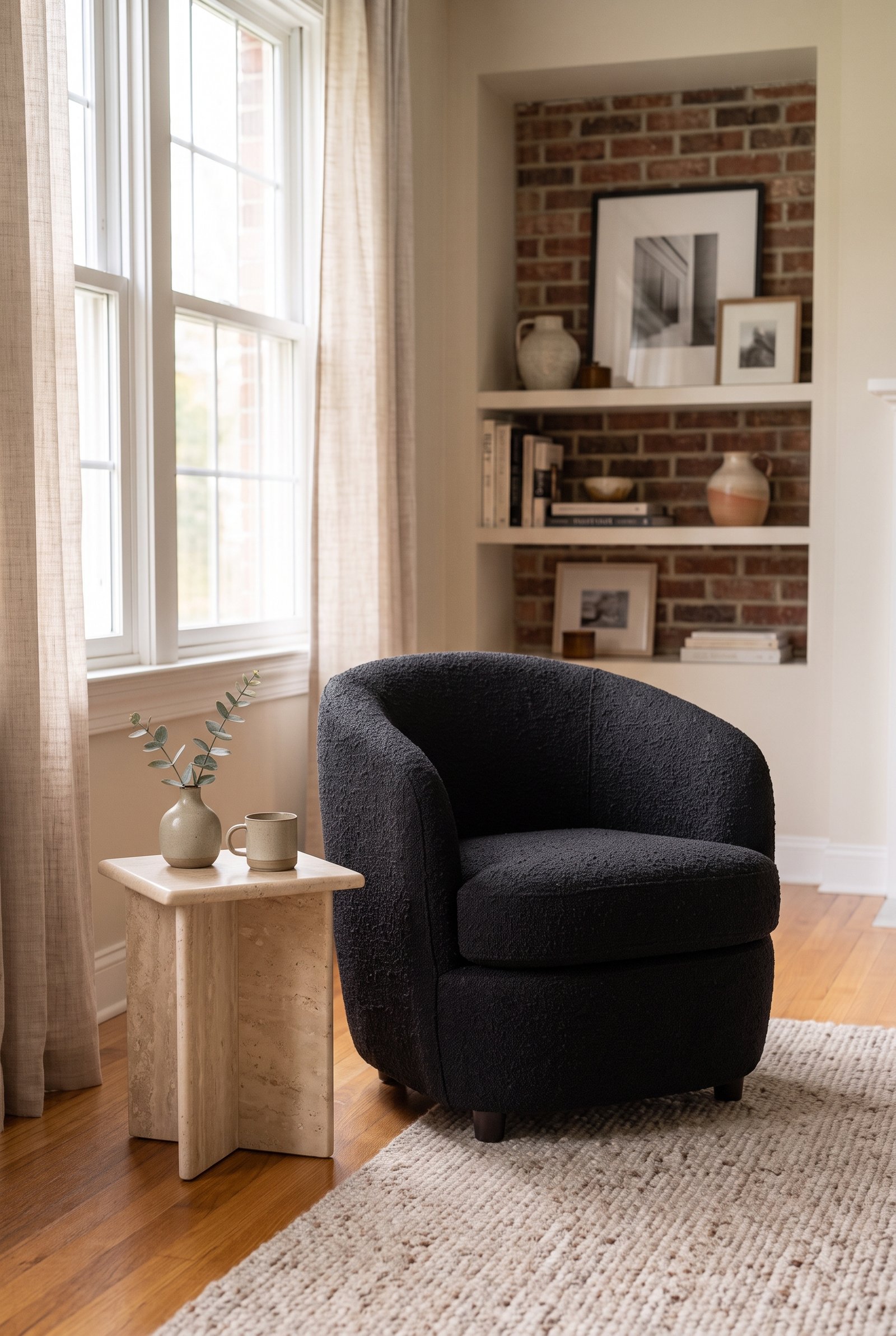 Black bouclé sculptural accent chair in a warm neutral living room