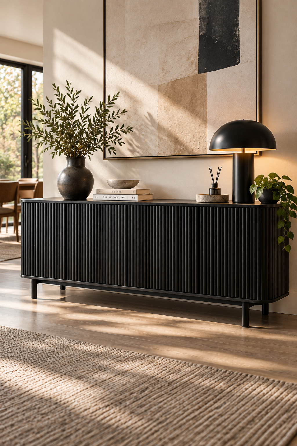 Black fluted wood credenza with modern hidden storage in a stylish dining space