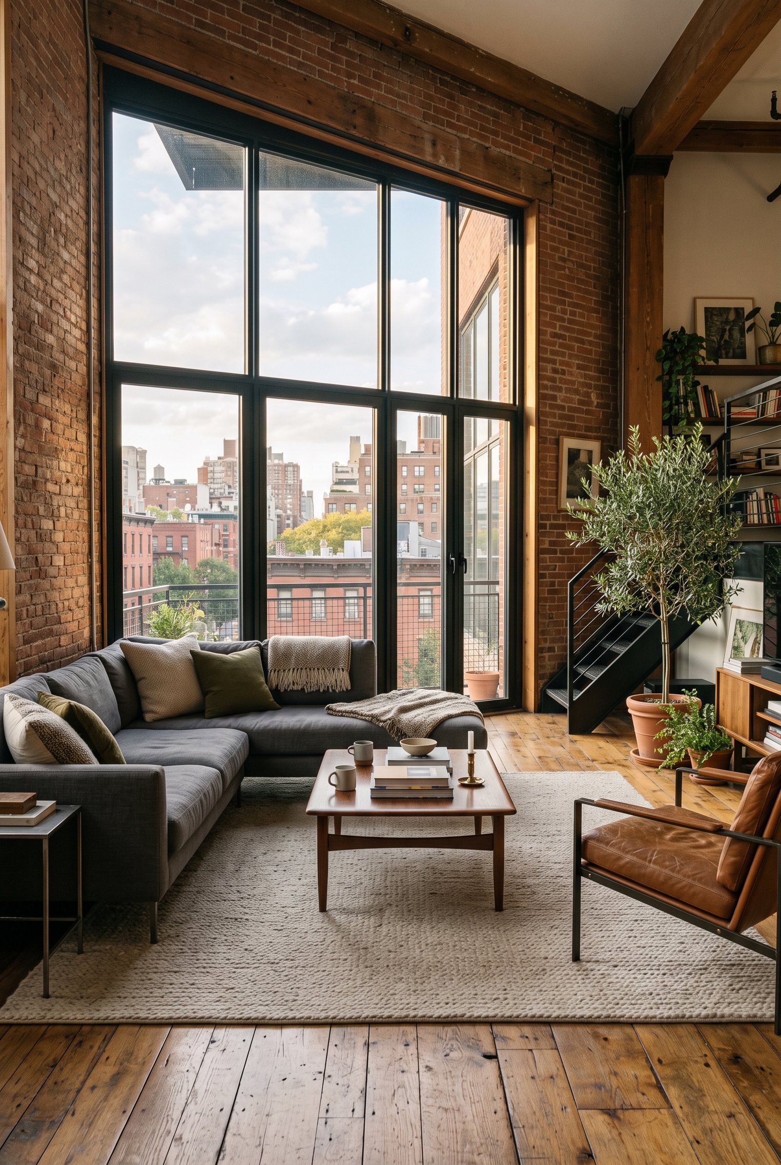 Warm industrial living room with large black-framed windows and natural light