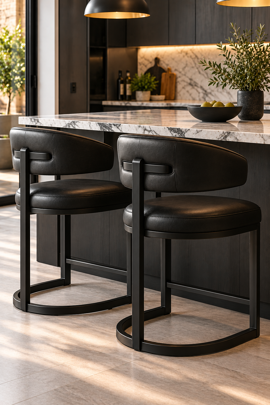 Black leather sculptural counter stool for modern kitchen island