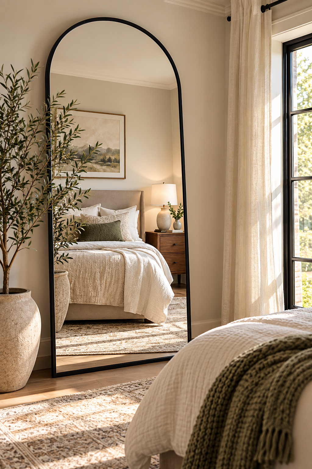 Black metal arched floor mirror for small bedroom