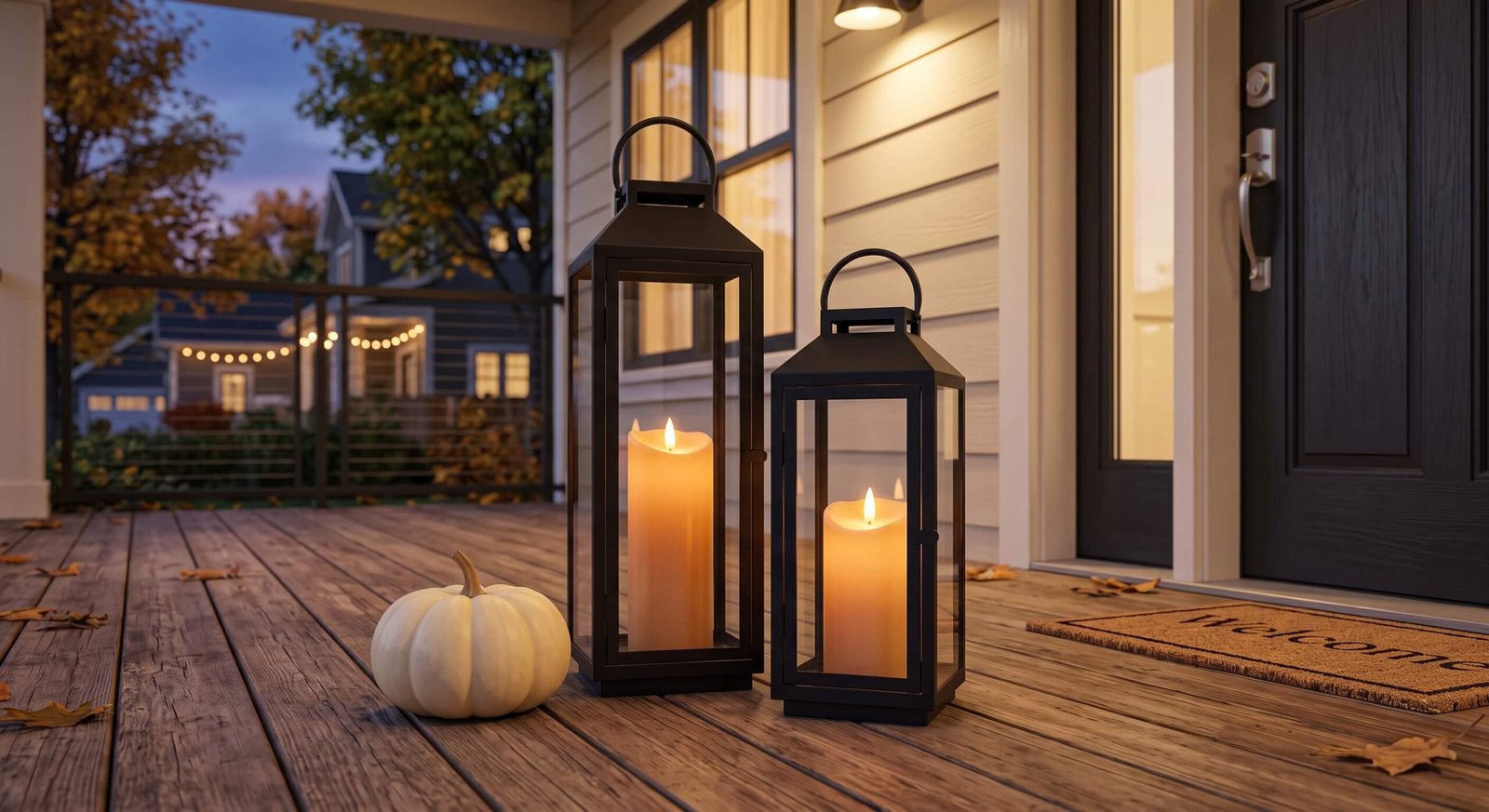 minimalist fall porch decor ideas black metal lanterns with pillar candles