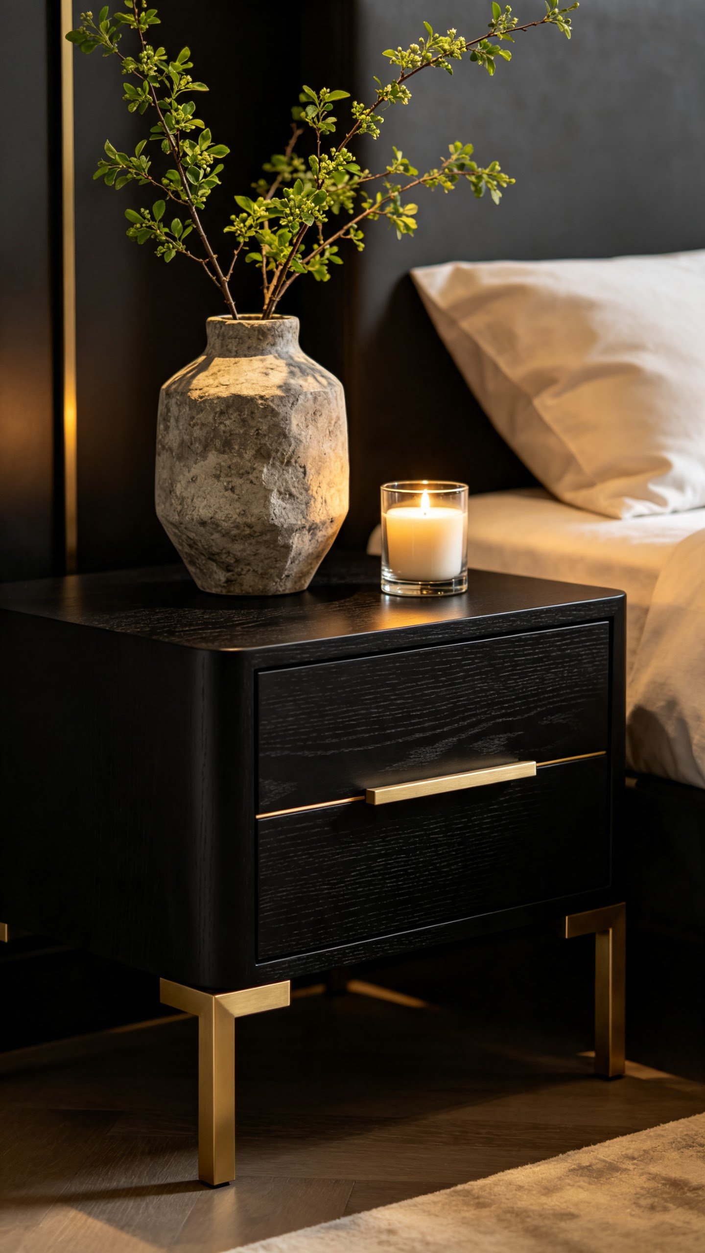 trending nightstand designs in matte black wood with luxe metal accents