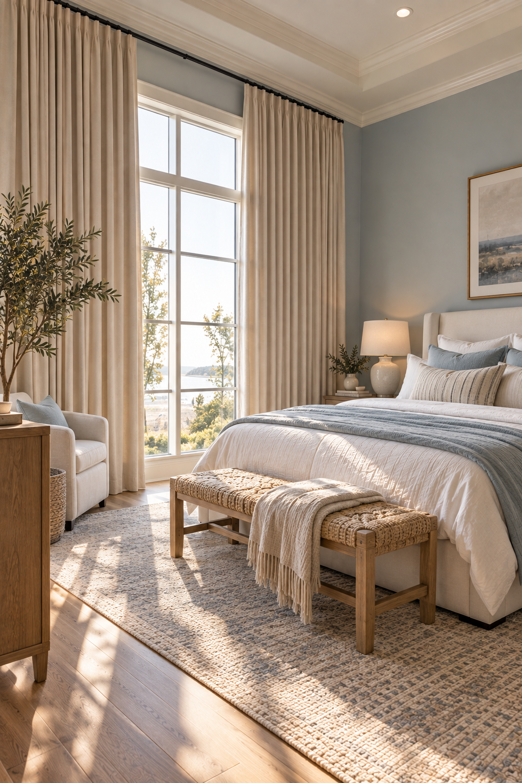 Floor-to-ceiling blackout curtains adding softness to a cozy bedroom