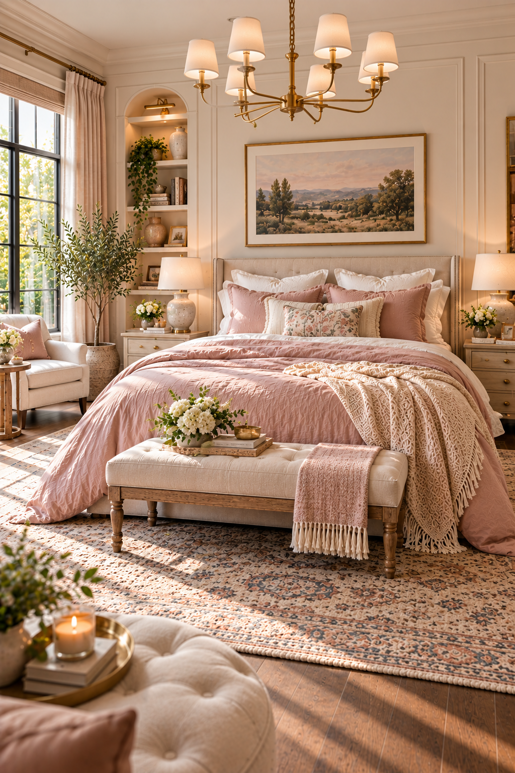 Blush pink washed linen duvet cover set styled in an updated traditional American bedroom