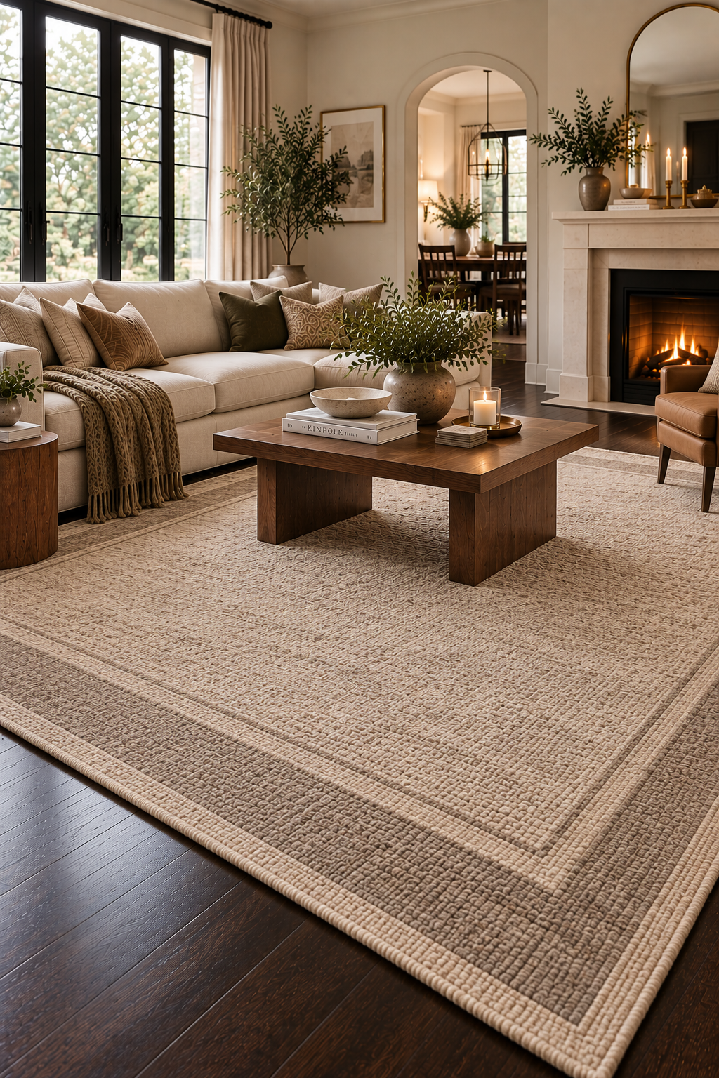 Large bordered neutral rug defining a seating area over dark hardwood floors