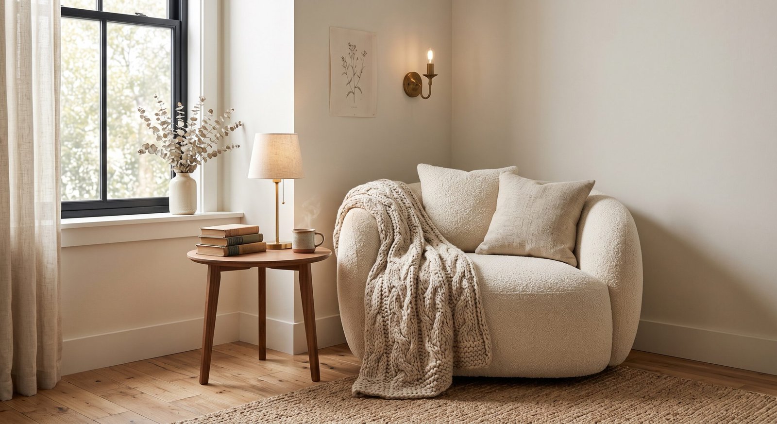 reading nook setup ideas with cream boucle accent chair