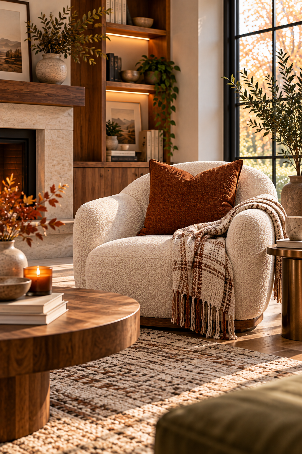 Ivory bouclé accent chair in a warm minimalist fall living room