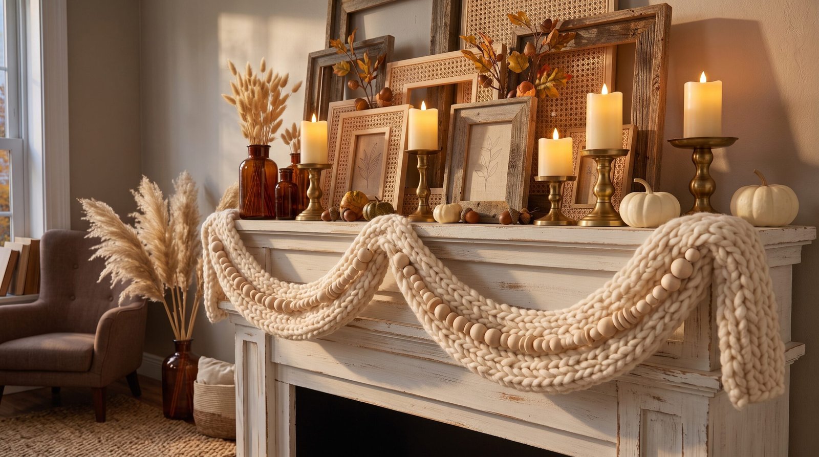 fall mantel decorating ideas using warm neutrals brass holders flameless candles