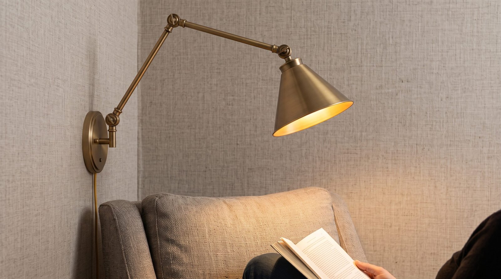 reading nook setup ideas with adjustable brass wall sconce