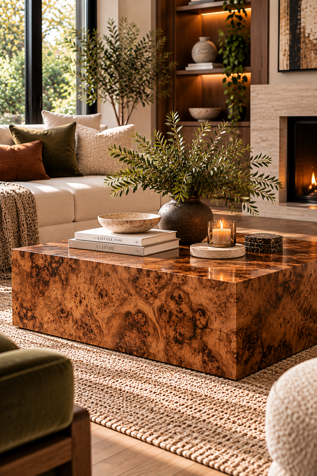 Burl wood statement coffee table in a warm designer-inspired living room
