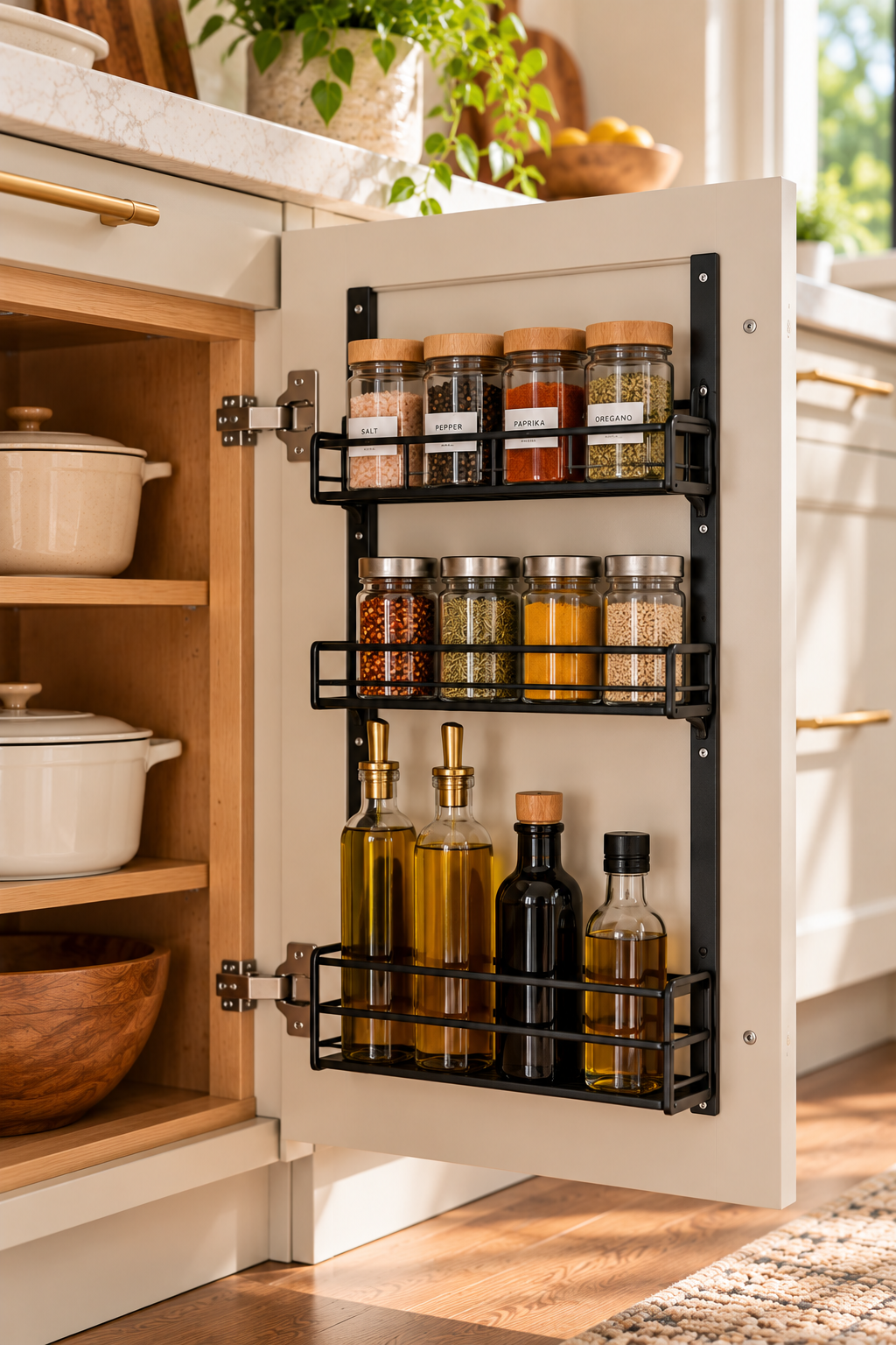 Cabinet door storage organizer for smart kitchen cabinet organization