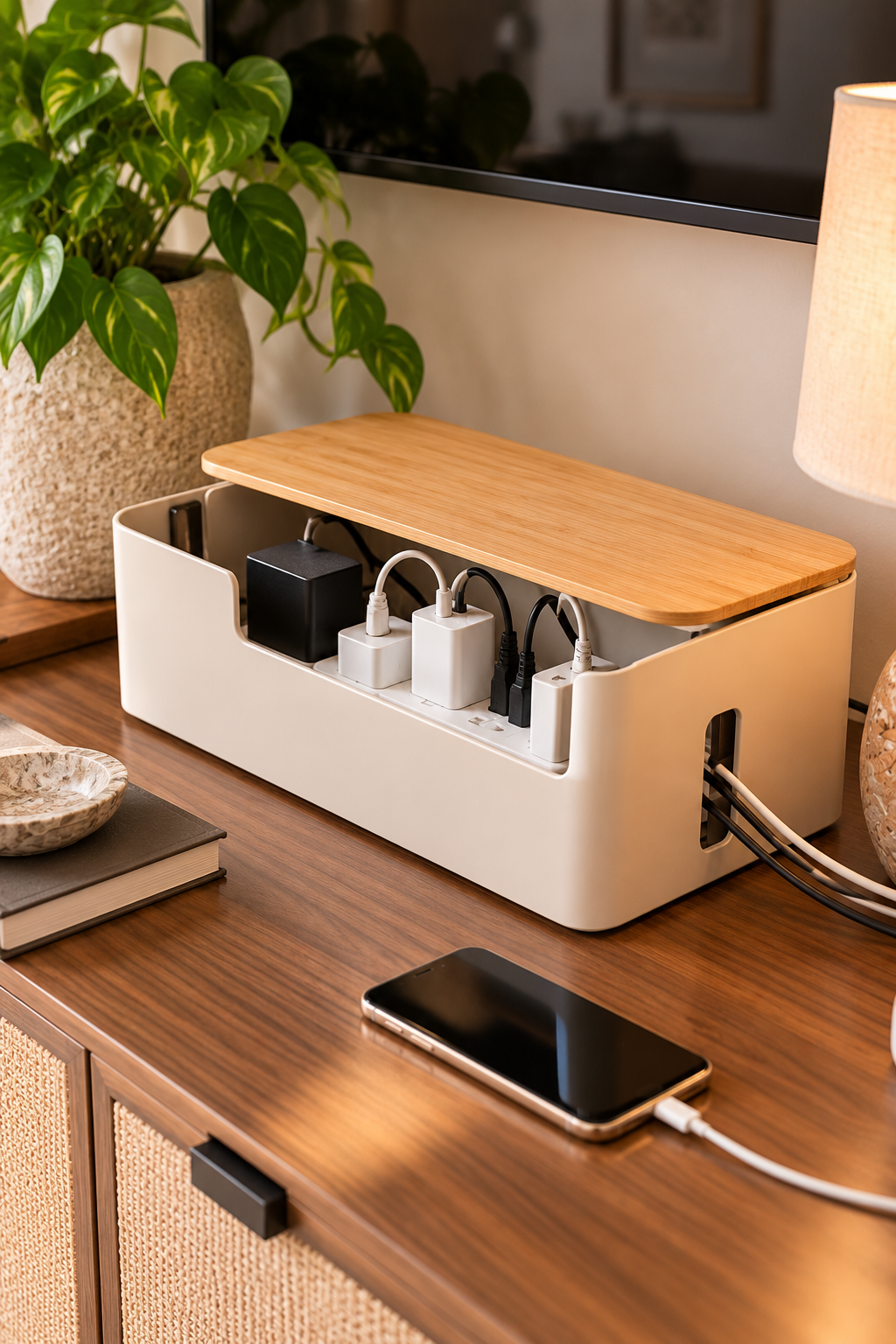 Cable organizer box for hiding cords and power strips