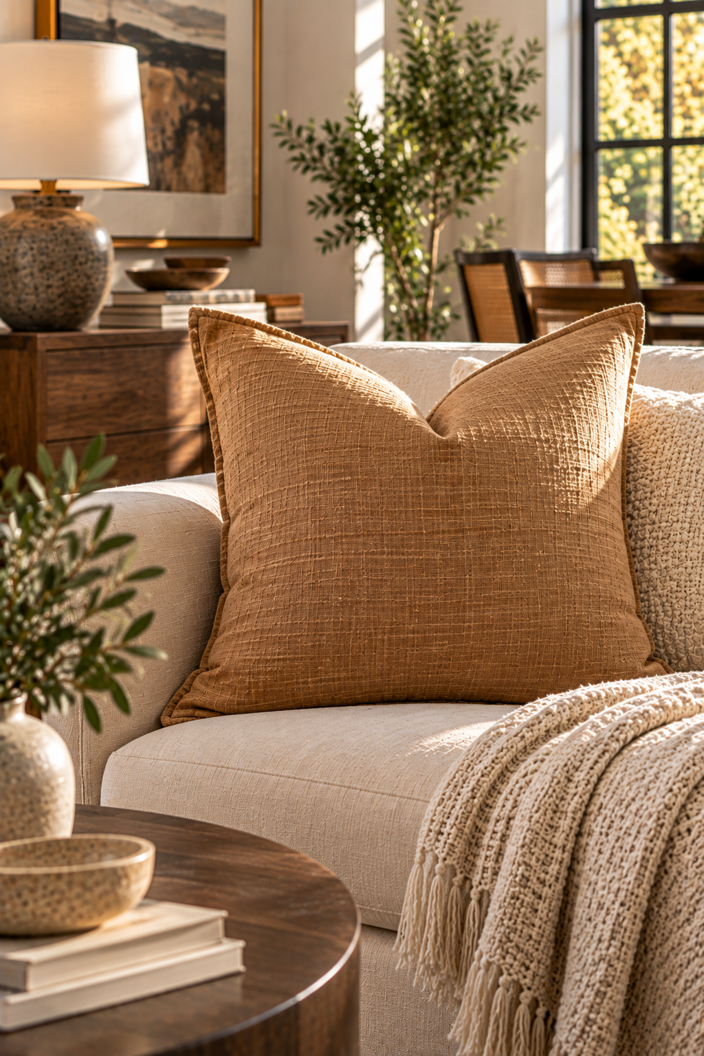 Camel linen pillow cover styled on a neutral textured sofa