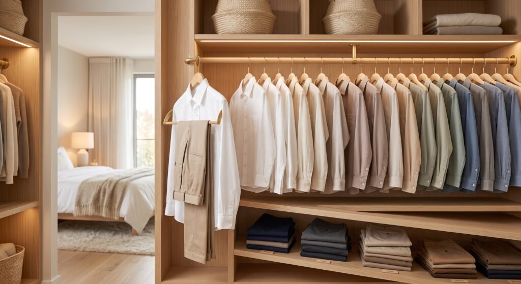 capsule wardrobe organization tips for shirts and pants in a minimalist closet