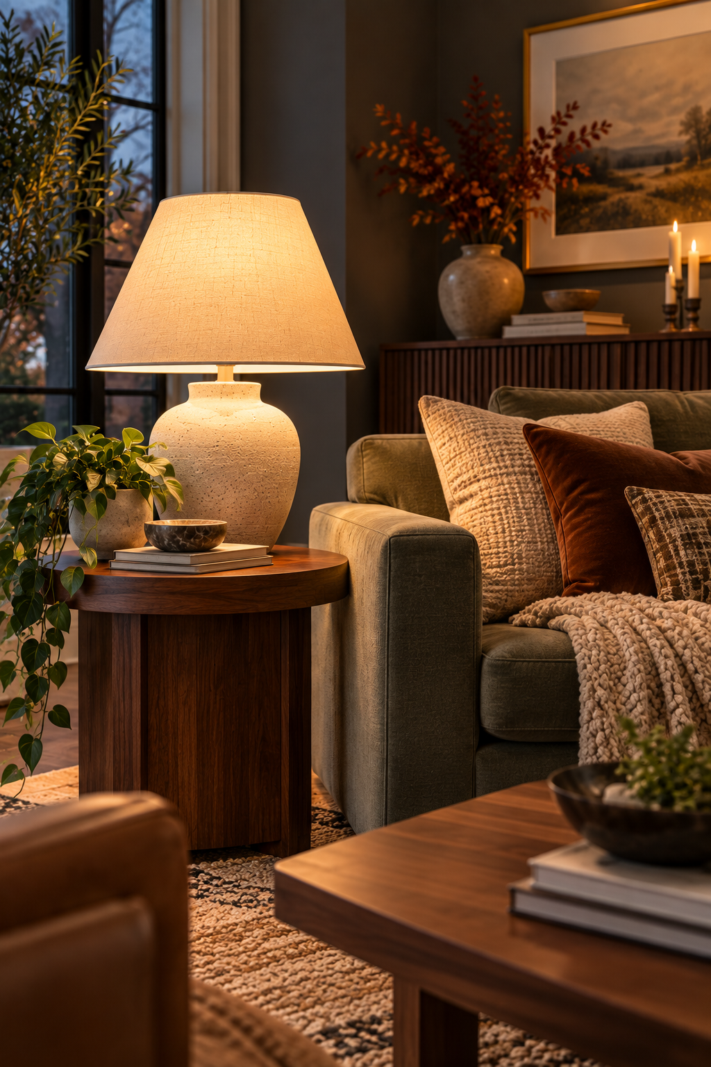 Ceramic table lamp for warm fall living room lighting