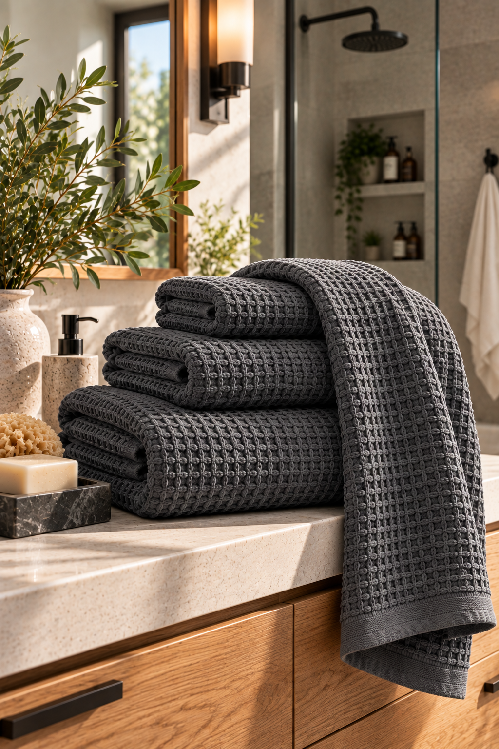 Charcoal gray organic waffle weave bath towel in a modern bathroom