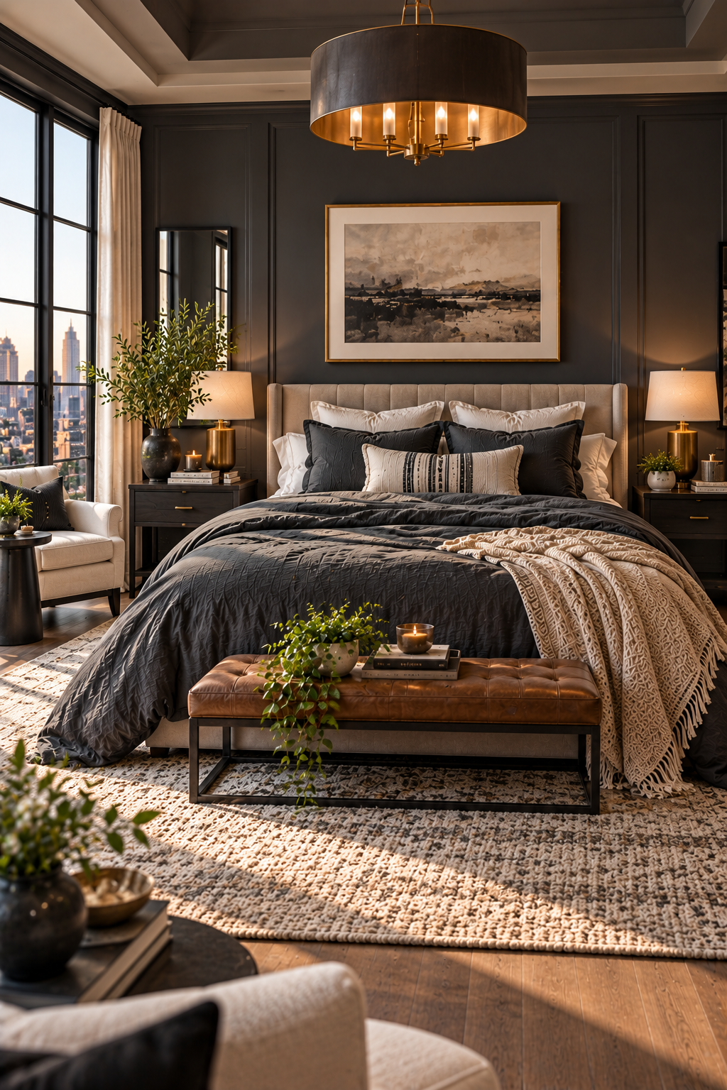 Charcoal gray washed linen duvet cover set styled in a contemporary American bedroom