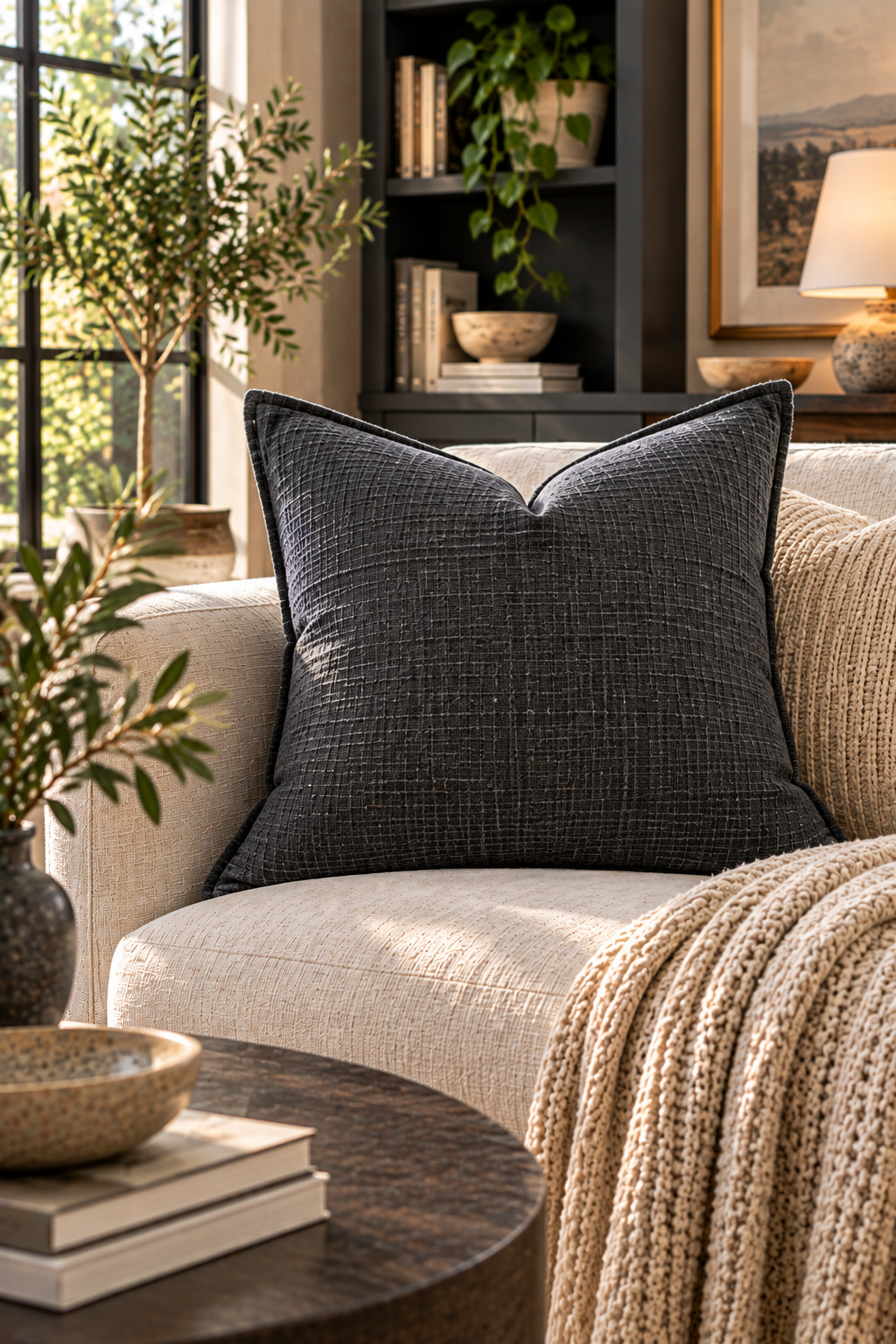 Charcoal linen pillow cover adding contrast to a textured neutral sofa