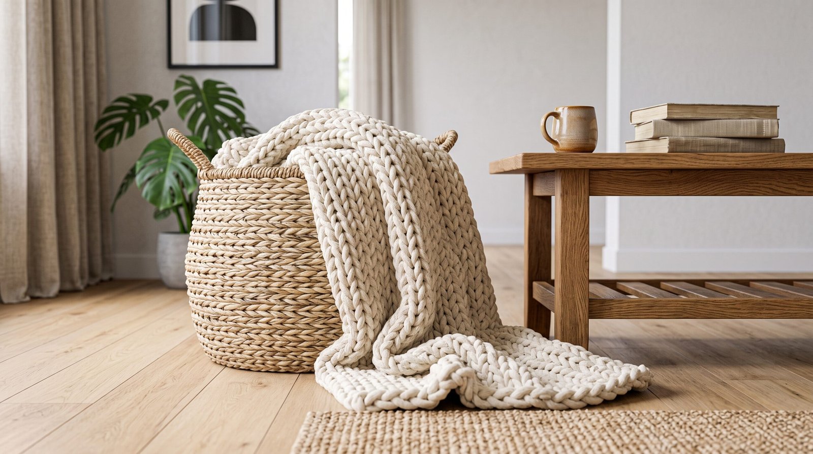 style chunky knit blankets on your sofa layered in woven storage basket