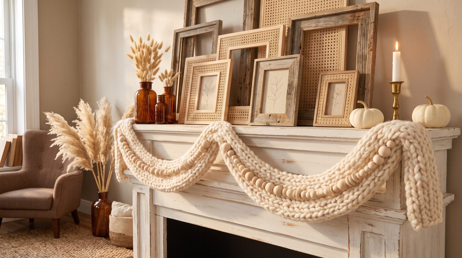 fall mantel decorating ideas using warm neutrals chunky knit draped garland