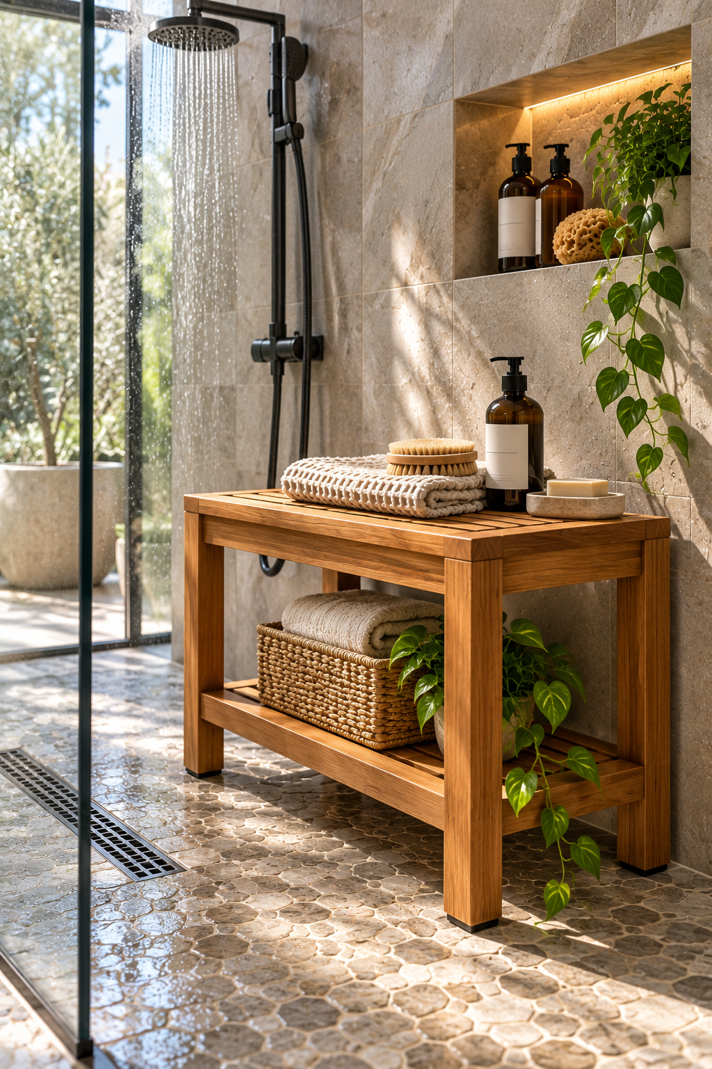 Teak shower benches and stools in a modern walk-in shower