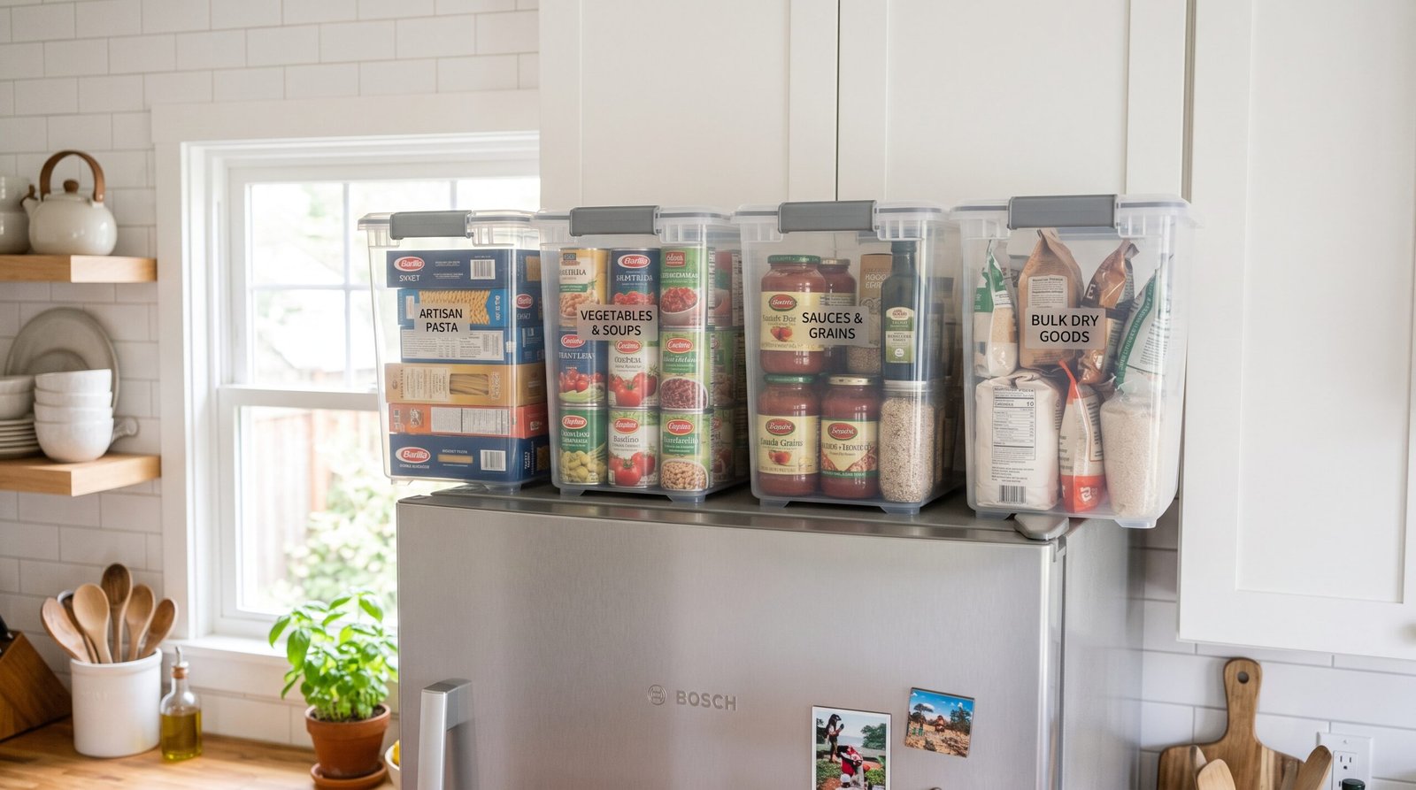 over the fridge storage ideas to maximize kitchen space acrylic bins